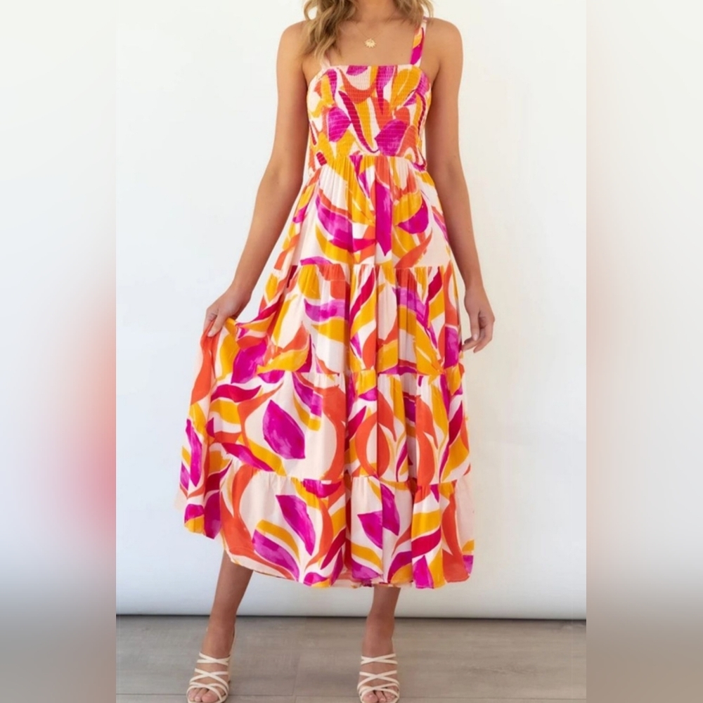 Bright Vibrant Abstract Sleeveless Smocked Bodice Summer Colorful Maxi Dress